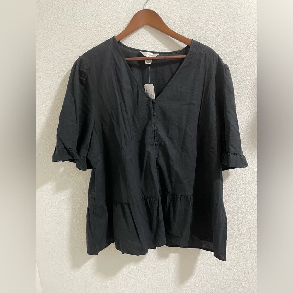 New CJ banks linen blend Chic Black V-Neck Blouse